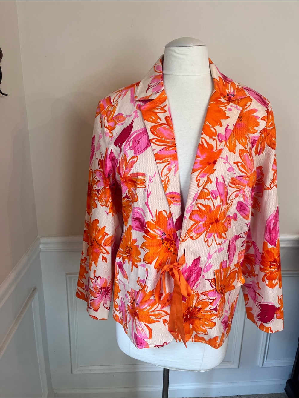 Susan Graver Pink & Orange Floral Tie-Waist Blazer